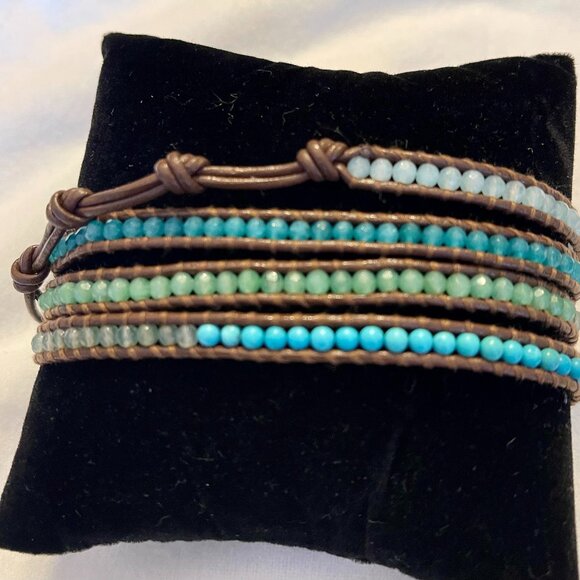 Chan Luu 5 wrap brown leather bracelet aquamarine turquoise blue faceted stones - Picture 6 of 6
